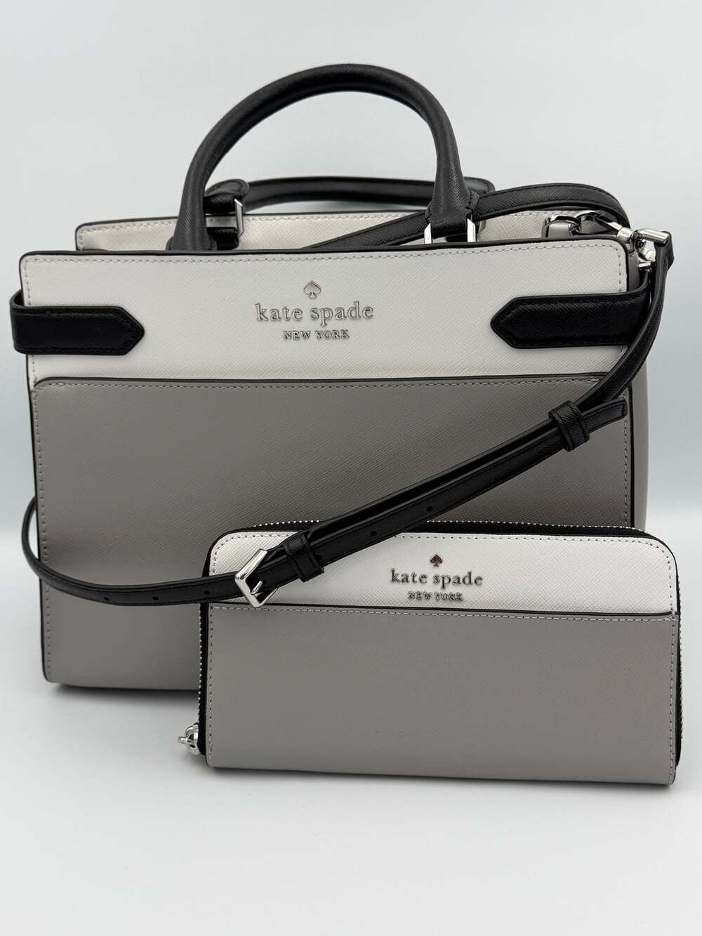 Kate Spade Staci Colorblock Medium Satchel & Wallet Set Gray White Black